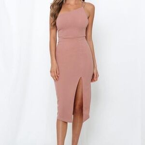 Hello Molly “Taking it Back” Blush One Shoulder Midi Bodycon Dress